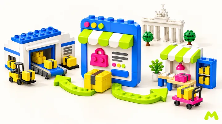LEGO-Produktvitrine mit Verbindungen zu Lager und Packtisch für den Verkauf in Deutschland.
