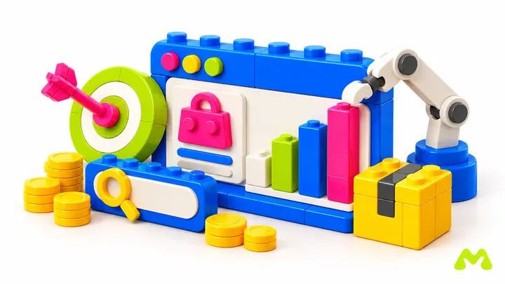 LEGO-Werbepanel, Zielscheibe, Lupe und Balkendiagramm als Motiv für Amazon-PPC-Optimierung.
