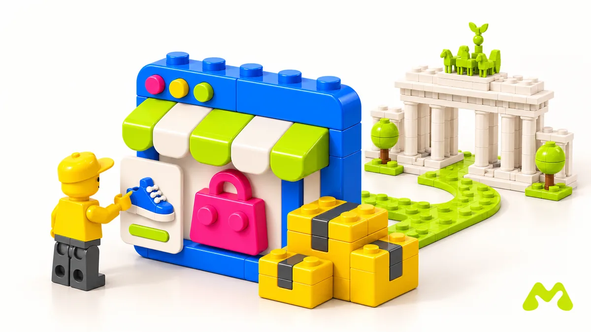 LEGO storefront, shipping parcels and Brandenburg Gate illustrating marketplace sales in Germany.