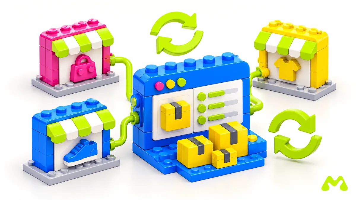 Three LEGO storefronts connected by lime cables to a central stock and order dashboard.